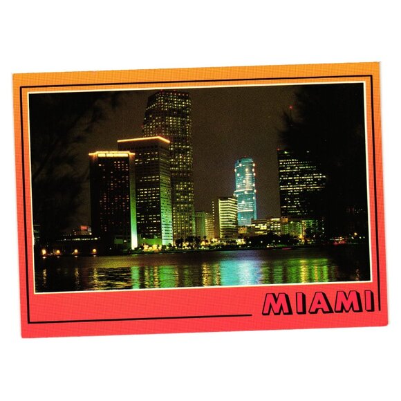 Vintage Miami Florida Night Skyline Postcard Evening Lights Tourism Buildings - Picture 1 of 2